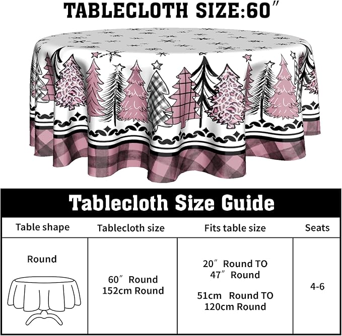 Giwawa Christmas Round Tablecloth 60 Inch,Snowflakes Pink Buffalo Plaid Xmas Pine Trees Farmhouse Washable Polyester Fabric Table Cover for Kitchen Winter Holiday Party Table Decor