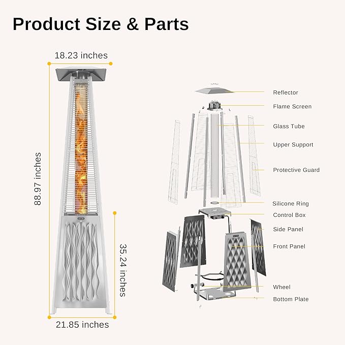 EAST OAK Pyramid Patio Heater, 48,000 BTU Outdoor Patio Heater All Stainless Steel, Quartz Glass Tube Propane Heater, Triple Protection System, With Wheels, Outdoor Heater for Commercial & Residential