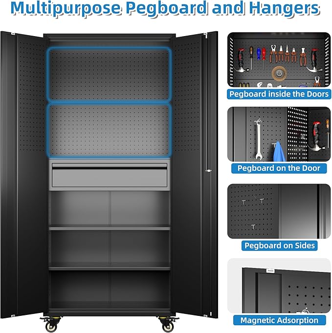 71" H*15" D*30" W Metal Garage Storage Cabinet with Wheels and Doors,Lockable Tool Storage Cabinet with Pegboard Hooks and Drawer for Garage Warehouse Home,Required Assembly,Black