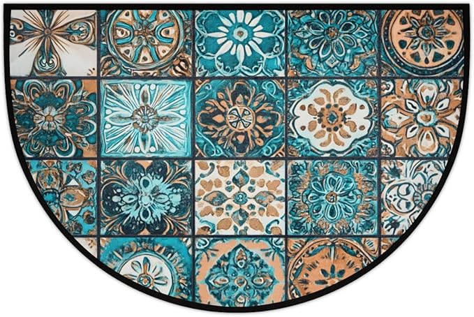 cfpolar Non-Slip Soft Half Round Door Mat, Retro Tribal Plaid Semicircle Mat for Indoor Entrance Garage Bath Living Room Patio 24 x 36 in