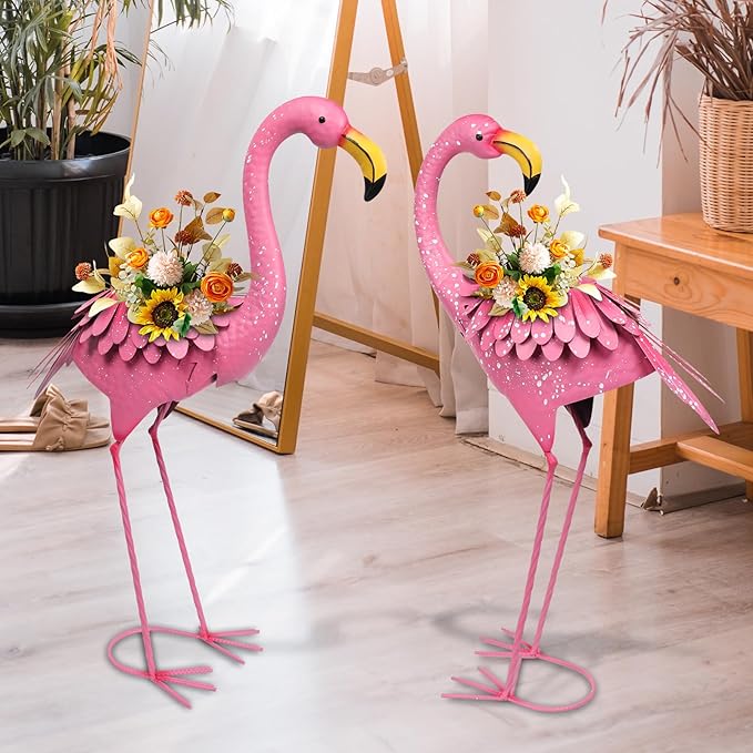 WONDER GARDEN Pink Flamingo Statue-Flamingo Planter Flower Pots - 2 Pack Flamingos Garden Statues Sculptures, Metal Birds Yard Art for Pond, Patio, Outdoor, Porch Decor