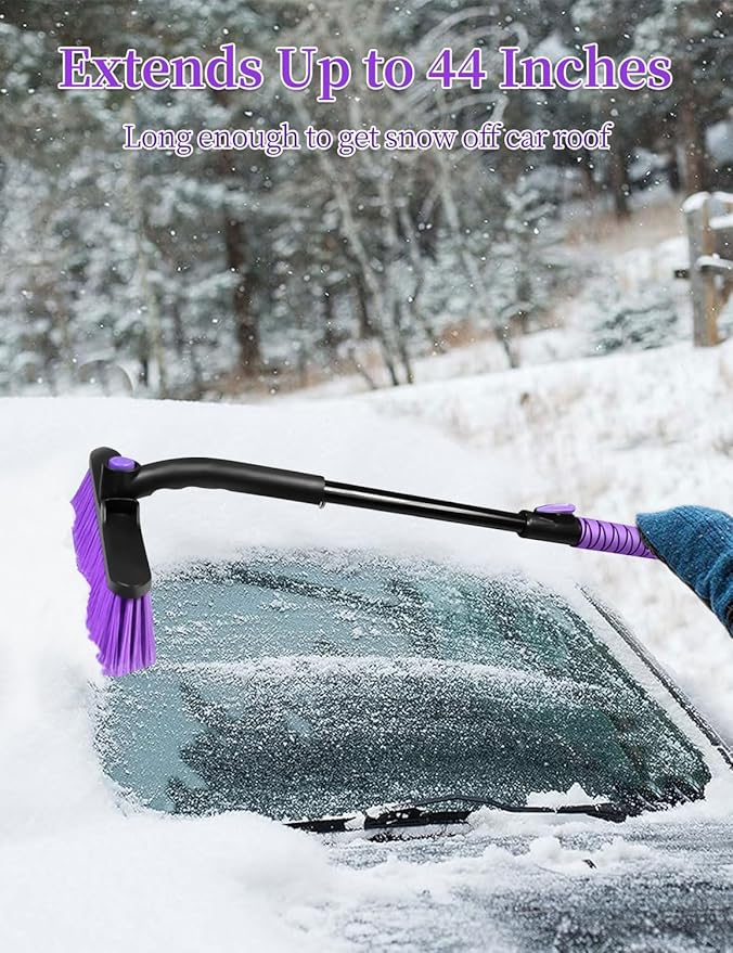 HEEYA 44 Inch Snow Brush for SUV, Ice Scraper for Car Windshield Window, Extendable Snow Scraper and Brush with Comfortable Foam Grip for Truck Vehicle Automobile - Purple