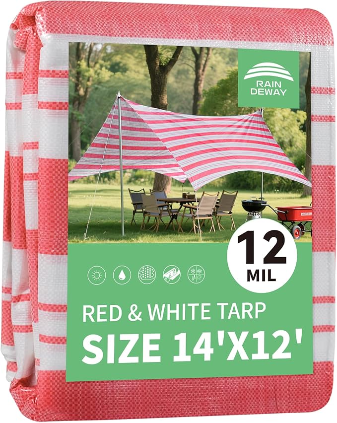 RAINDEWAY Tarps 12x14 Feet,12 Mil Sunshade Striped Tarp Waterproof,Multipurpose Poly Tarp Cover with Grommets and Reinforced Edges,Red/White Tarps