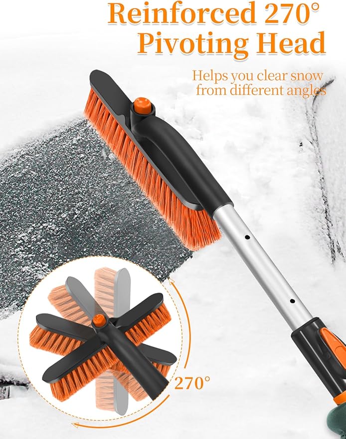 HEEYA Car Ice Scraper with 12.6 Inch Large Brush Head, Snow Brush and Ice Scraper for SUV Windshield Window, Extendable Snow Scraper for Truck Automobile Vehicle - Orange