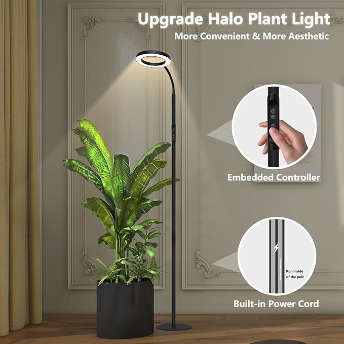 Grow Light for Indoor Plants, Full Spectrum Led Plant Growing Lights with Stand, Tall Halo Floor Growth Lamp with Timer, Height Adjustable, Dimmable Brightness for Large Plants