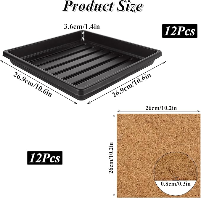 12 Set Microgreens Growing Mat with Tray 10 x 10 inch Square Growing Trays for Micro Greens Seeds Sprout, Microgreen Growing Kit Herb Plant Starting Kit with Jute Pads for Indoor