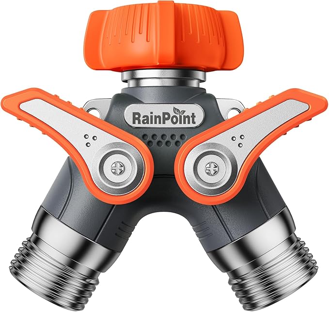 RAINPOINT Garden Hose Splitter, 2 Way Heavy Duty Water Hose Y Spigot Splitter with Shutoff Valves, 100% Metal Body Outdoor Faucet Splitter, 1.9" Extra Long Metal Handle, 3/4" GHT Thread (2, Orange)