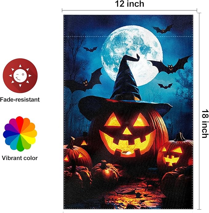 Halloween Garden Flag 12 x 18 Inch Double Sided Pumpkin Bat Moon Designs Welcome Fall Autumn Burlap Yard Flag for Outside Rustic Yard Outdoor Holiday Home Decoration