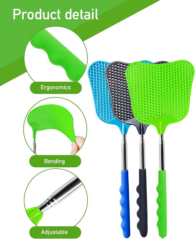 Wapodeai 3 pcs Fly Swatter, Fly Swatters Plastic Telescopic, Large Bug Swatter That Work for Indoor and Outdoor. (Black Blue Green)