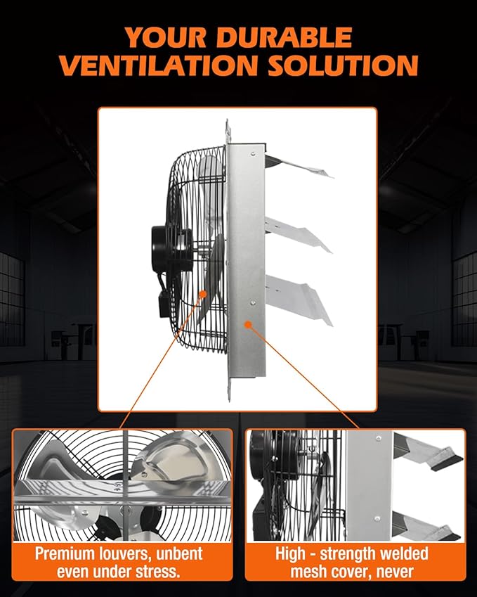 JVO 14" Shutter Exhaust Fan - 1520 CFM, Wall-Mounted for Greenhouses, Attics, Garages & Chicken Coops. Ideal Attic Fan, Greenhouse Vent & Coop Exhaust for Powerful Ventilation & Cooling