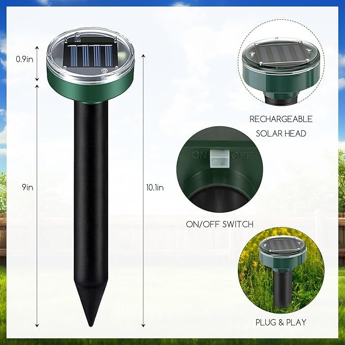 8Pack Mole Repellent Solar Powered Vole Repellent Outdoor Gopher Repellent Ultrasonic for Lawn Garden,Waterproof Sonic Mole Spikes,Get Rid of Moles Stakes Groundhog Chipmunk Repellent for Lawns2025