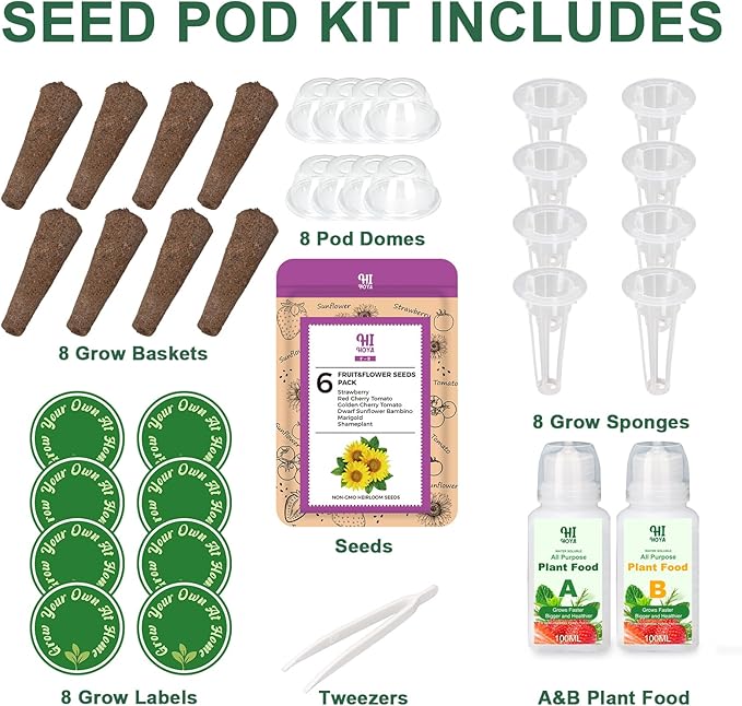 Strawberry Seed Pod Kit, 8 Pod Kit (Include Seed Marigold/Dwarf Sunflower/Shameplant/Cherry Tomato/Strawberry) Seed Pod Kit Compatible with All Indoor Hydroponics