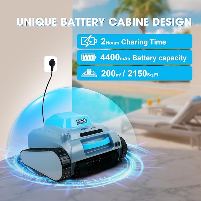 Cordless Robotic Pool Cleaner, Automatic Pool Robot with 2H Runtime, 80GPM Strong Suction, Wall-Climbing Function, Smart App & Bluetooth Control, 3-in-1 Cleaning for Floor, Wall & Waterline