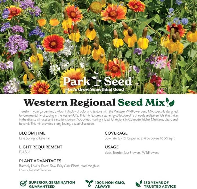 Park Seed Grow Your Own Vibrant Annual and Perennial Wildflower Garden Seeds Mixture, Easy to Grow Varieties for Pollinators and Spring Gardens - Western Regional Mix, 5 lbs