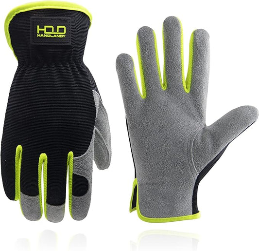 HANDLANDY Men Leather Gardening Gloves, Utility Work Gloves for Mechanics, Construction, Driver