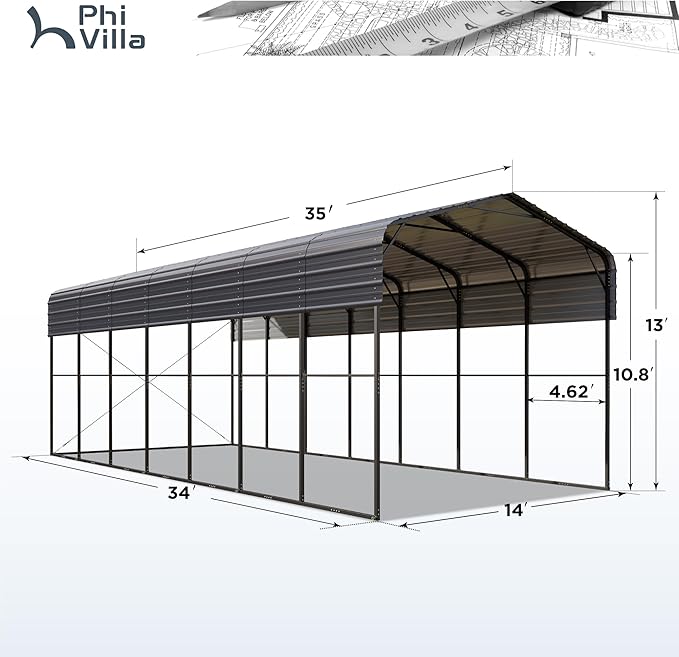 PHI VILLA 35 x 14 ft Heavy Duty Metal Carport with Galvanized Steel Roof for RVs, Cars, Boats, and Tractors