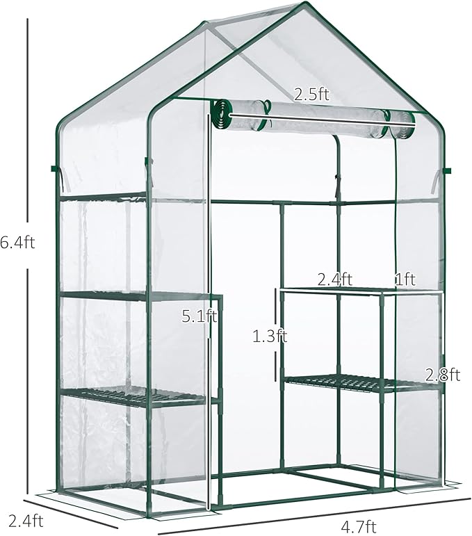 Outsunny 5' x 2.5' x 6.5' Mini Walk-in Greenhouse Kit, Portable Green House with 3 Tier Shelves, Roll-Up Door, and Weatherized Plastic Cover for Backyard Garden, Clear