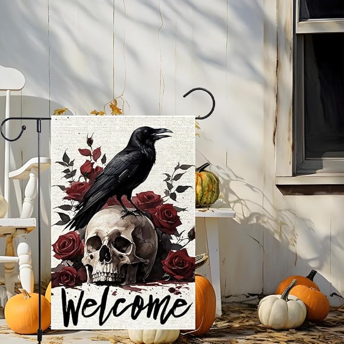 Halloween Welcome Skull Floral Rose Crow Garden Flag Double Sided Vertical, Rustic Farmhouse Yard Day Of The Dead Holiday Outdoor Decorative Flag 12.5 X 18.5 Inch