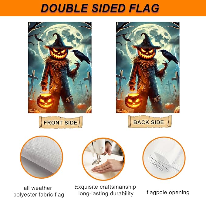 IVN Halloween Garden Flag Spooky Garden Flag 12x18 Inch Scary Jack-o-Lantern Scarecrow Raven Bat Full Moon Spooky Outdoor Decor Double Sided Fall Yard Home Porch Patio Decorations