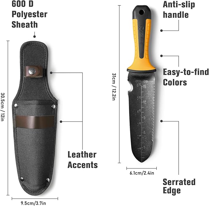 Garden Knife with Sheath, Gardening Tool, Stainless Steel Multi-Purpose Garden Supplies, Ergonomic Handle Hori Hori Knife for Digging, Weeding and Gardening, 7" Stainless Steel Blade, Father's Day Gift