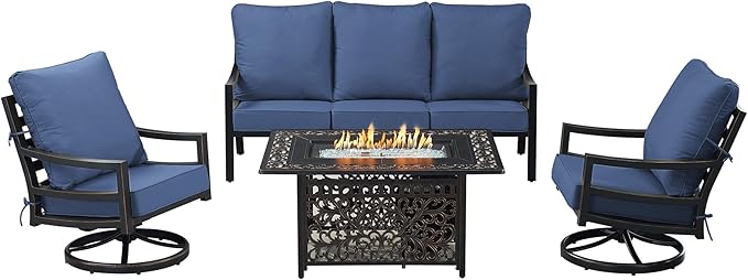Oakland Living Black Aluminum Patio Fire Table Set with Deep Seating Sofa with Cushions and Two Club Chairs with Blue Cushions