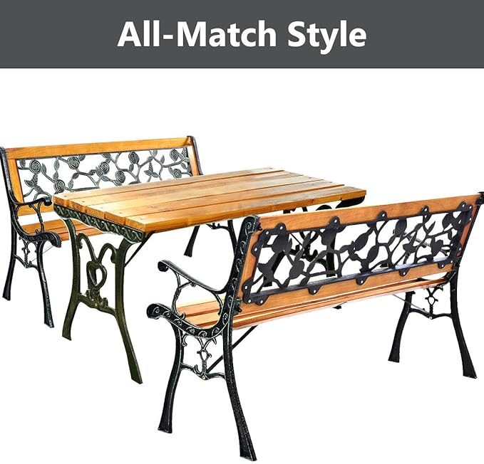 S AFSTAR Outdoor Garden Bench, Outside Porch Loveseat with Rose Cast Backrest & Stable Metal Legs, 2-3 Person Park Bench, Weather Proof Outdoor Bench for Patio Garden Backyard Poolside