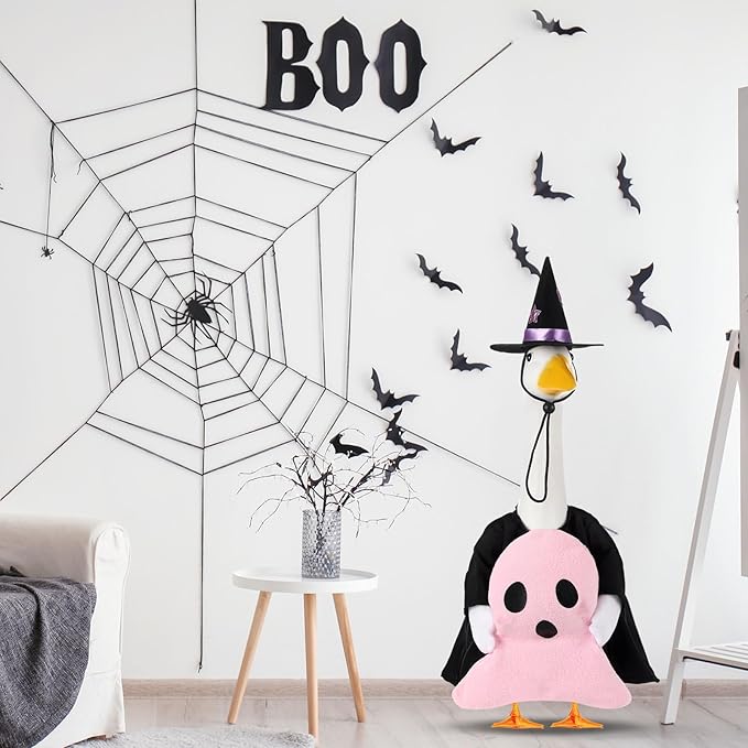 Sanwuta 1 Set Halloween Porch Goose Outfit Pink Ghost Pillow Design with Witch Hat for 23" Lawn Cement Goose Porch Geese Clothes Costume for Halloween Garden Patio Yard Outdoor Decorations