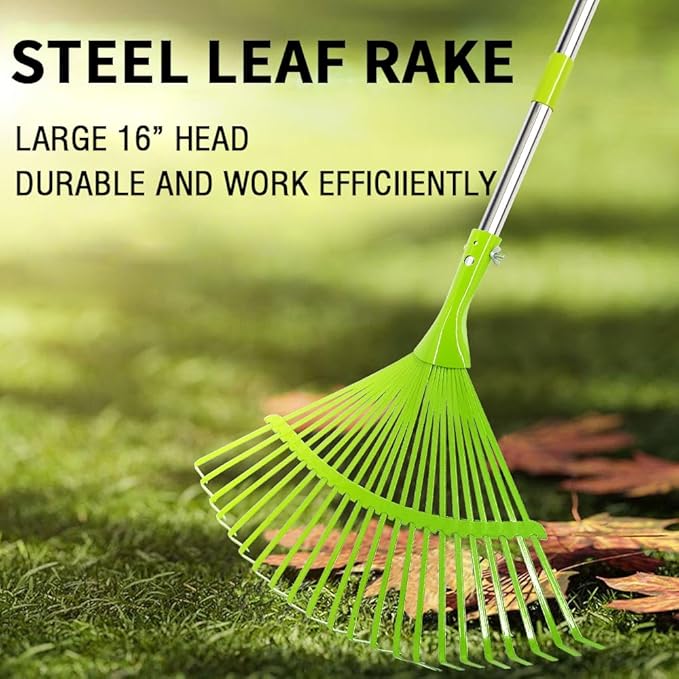 Metal Leaf Rake, 65" Long Handle Garden Rakes Lightweight, Lawn Rake with 24 Teeth Wide Steel Tines, Leaf Scoop Grabbers for Leaves, Debris,Grass, Pine Needles Pick