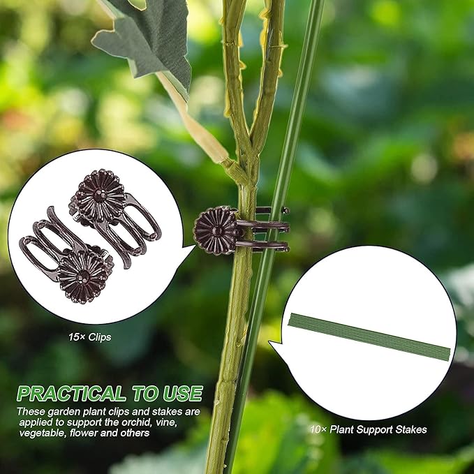 10PCS Garden Metal Plant Stakes with 15PCS Vine Fixing Clip Set, 15.75inch Tall Single Stem Flower Stakes, Bendable Plastic Coated Garden Plant Stakes Holder for Amaryllis Orchid Lily Rose(Brown 40cm)