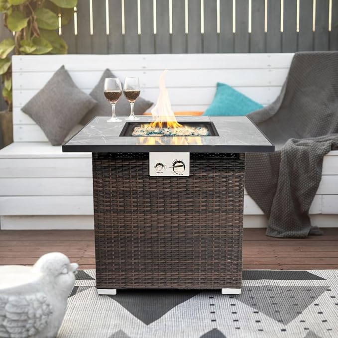 30'' Propane Fire Pit Table, Marble Textured Ceramic Tabletop, 50,000 BTU Fire Table with Brown Wicker, Mix Color Glass Rocks, Including Lid&Cover, Square