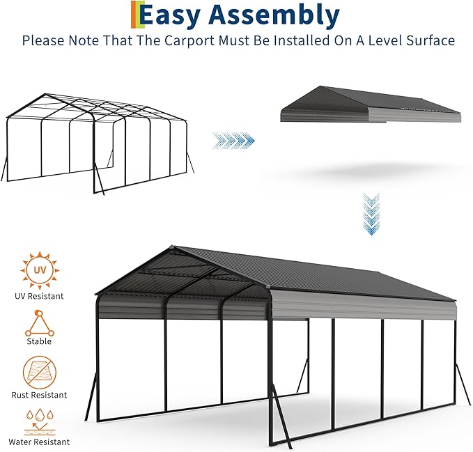 12x20 FT Heavy Duty Metal Carport with Galvanized Steel Frame & Roof, All-Weather Portable Car Garage Shelter, Metal Carports Garage for Cars, Trucks, Boats, Wind & Snow Resistant, Reinforced Base