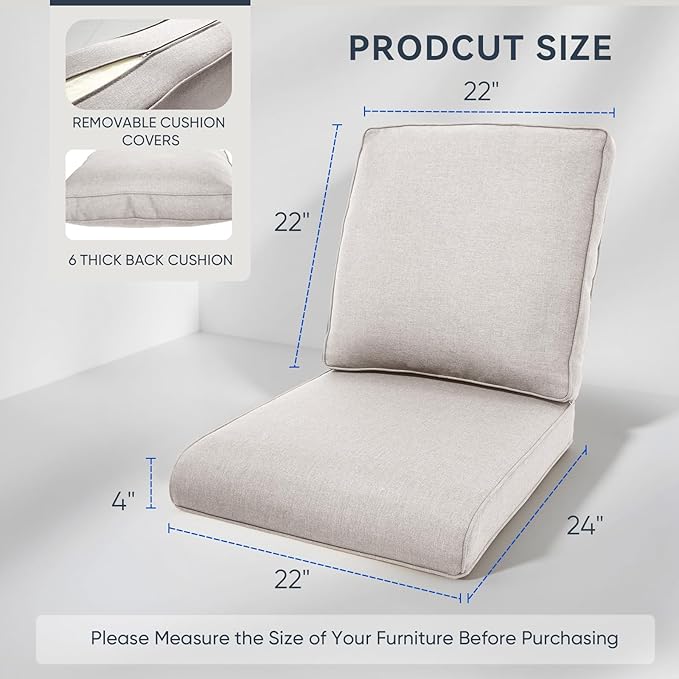 Patio Chair Cushions 4 Packs - Outside High Back Thick Water-Resistant Cushion 22x24 with Zipper Cover for Outdoor Glider Rocking Chairs Loveseat Couch – Beige/Regular