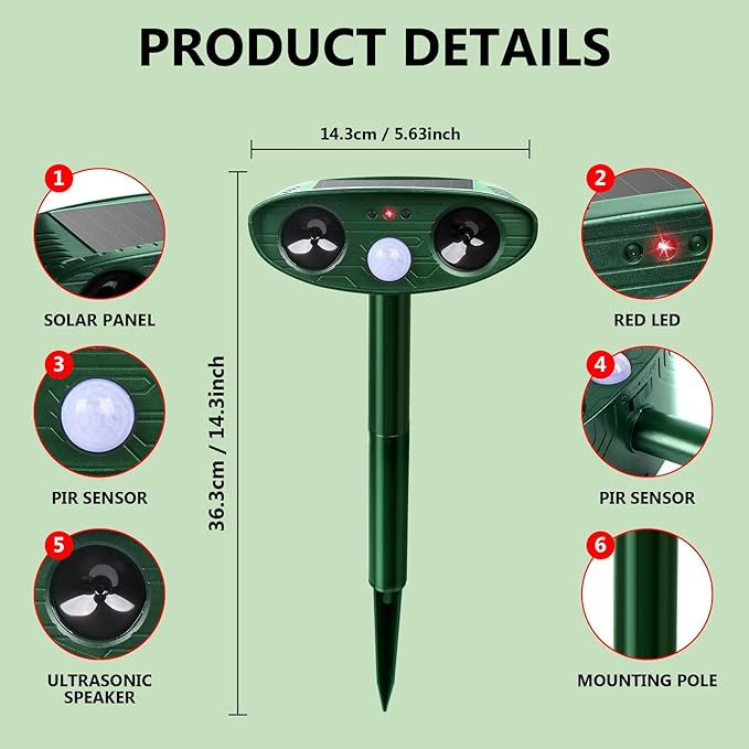 2 Pack 2025 Upgraded Solar Ultrasonic Animal Repellent Outdoor Deer Repellent Devices Motion Detection Waterproof Cat Squirrel Mouse Raccoon Dog Repellent Deterrent with Flash Lights for Yard Farm (2)