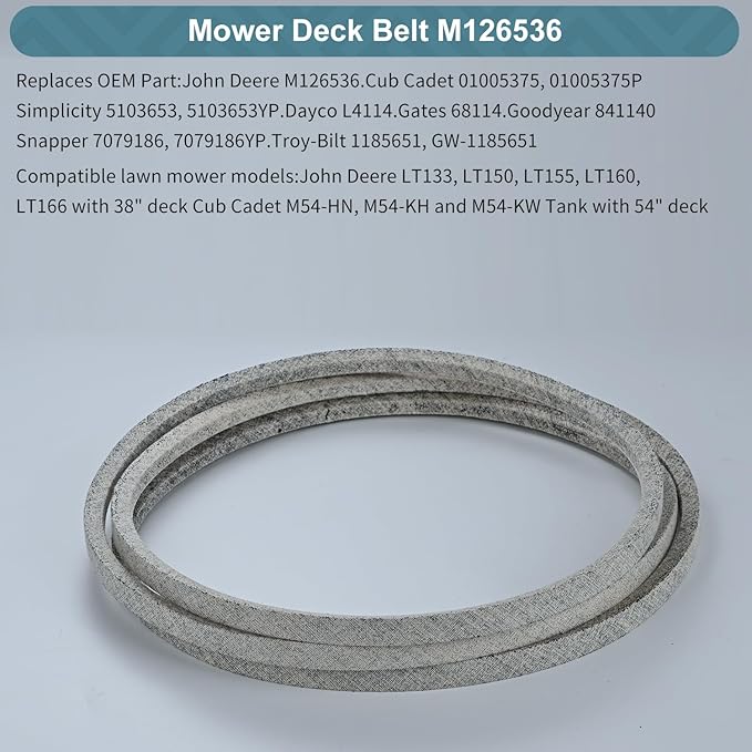 1/2 x 114'' Mower Deck Belt for John Deere M126536 LT133 LT150 LT155 LT160 LT166, Cub Cadet 01005375, 01005375P, Simplicity 5103653, 5103653YP,Gates 68114, Goodyear 841140,Snapper 7079186 (M126536)