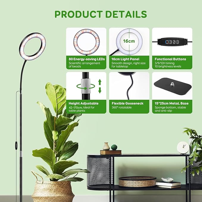 One Head Grow Lights for Indoor Plant Full Spectrum, Plant Lights for Indoor Growing with 3/9/12 Timer, 5 Dimmable Levels, Height Adjustable 16.5''-61", Strong Base for Large Plants