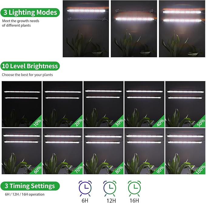16‘’ LED Grow Light Strips for Indoor Plants，Full Spectrum 120 LEDs with 4 Install Methods, 6/12/16H Timer, 10 Dimmable Levels, 3 Switch Modes for Seedling Succulent Sunlike Strip (2 Head 1 Pack)