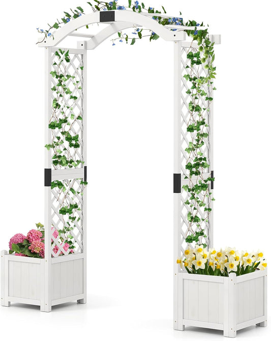 Giantex Garden Arbor with Planter Boxes, Wooden Arch with Trellis and Raised Garden Bed for Climbing Vine Plants Vegetables Herbs, Decorative Arbor Archway for Wedding, Ceremony, Party (White)