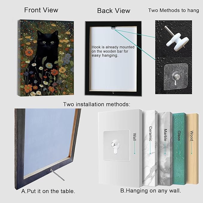 Gothic Black Cat Wall Art - Framed Canvas Print of Mystic Garden, Dark Academia Decor, Witchy Bathroom & Bedroom Art, Memorial Gift for Cat Lovers, 11.5x15 Inch