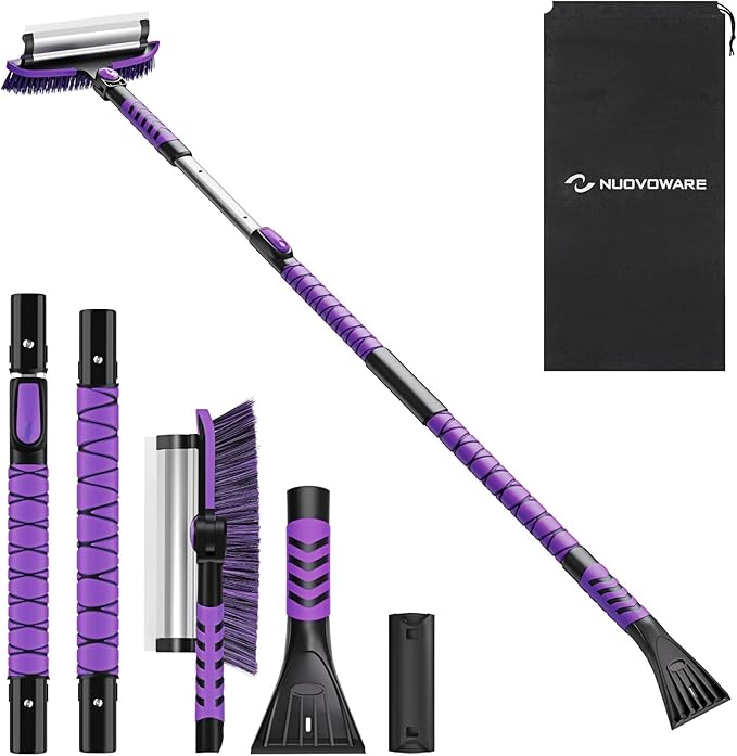 Nuovoware 60" Ice Scraper and Extendable Snow Brush for Car Windshield, 5 in 1 Adjustable Snow Removal Tools with 270° Pivoting Brush Head for Car Auto Truck SUV, Purple