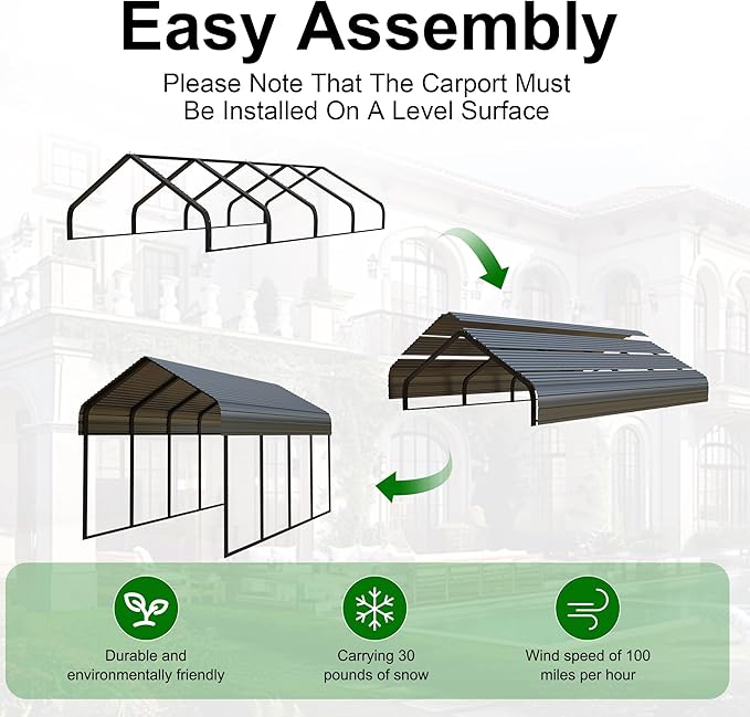 Metal 10x20 Ft Carport Canopy Heavy Duty RV Carports Kits for Garage,Aluminum Car Ports with Steel Shelter Frame Cover for 1 Car or Boats