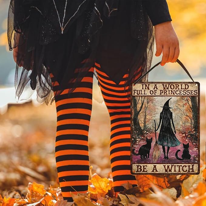 Halloween Witch Girl And Black Cat Vintage Sign In A World Full Of Princesses Be A Witch Halloween Metal Tin Sign for Home Bar Kitchen Hotel Dining Room Coffee 12x16inch