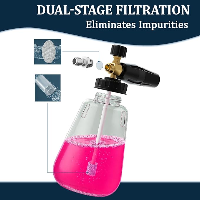 Foam Cannon for Pressure Washer, 1.1mm Orifice, 1000-4000 PSI, 1/4 Inch Quick Connector, Wide Neck and Adjustable Spray, Heavy Duty Car Snow Foam Blaster for Superior Foaming & Deep Clean, Black