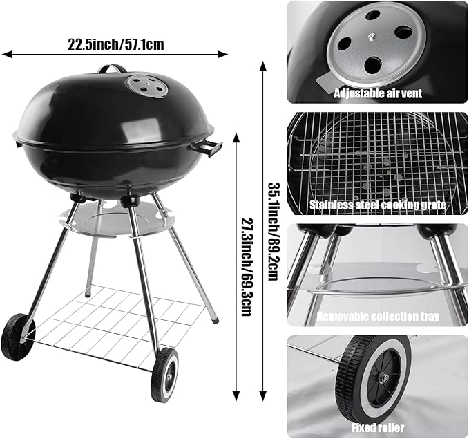 Ayiusedeza charcoal grill, kettle charcoal grill, 22.5-inch black 7-piece set, perfect for outdoor cooking in yards, hiking, and camping (227 piece set)