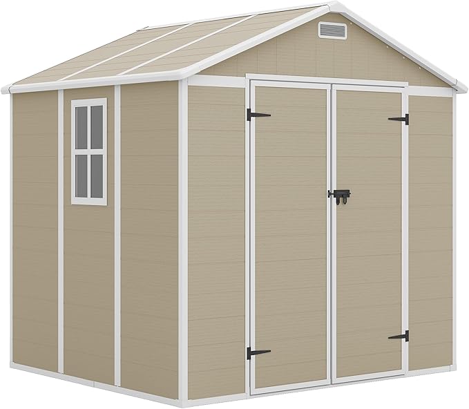 Outdoor Storage Shed, 8x6 FT Resin Shed with Floor Included and Lockable Door, Window & Vents, Tool Sheds, Outdoor Storage for Bike, Garden Accessories, Tools, Waterproof (Light Brown)