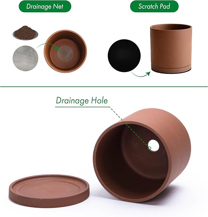 D'vine Dev 5 Inch Rust Terracotta Plant Pot with Drainage Hole and Saucer, Round Cylinder Planter Pot for Indoor Plants, Set of 2, 40-V-B-2