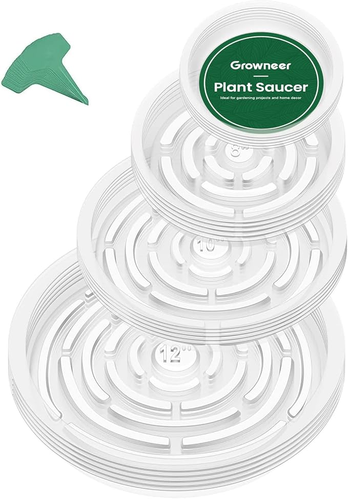 GROWNEER 24 Pack of 6, 8, 10, 12 Inches Clear Plant Saucers Flower Pot Trays, with 15 Pcs Plant Labels, Plastic Plant Drip Trays for Indoor Outdoor Plants Garden, Assorted 4 Sizes, 6pcs of Each Size