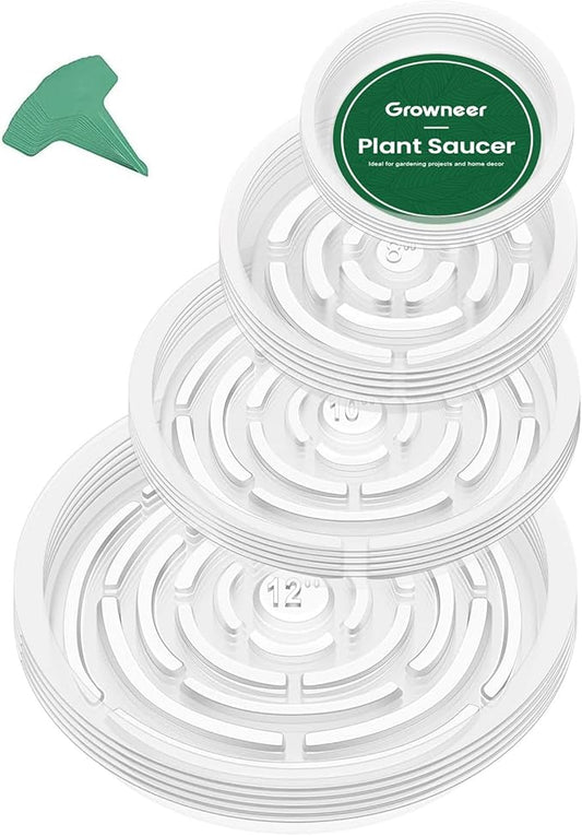 GROWNEER 24 Pack of 6, 8, 10, 12 Inches Clear Plant Saucers Flower Pot Trays, with 15 Pcs Plant Labels, Plastic Plant Drip Trays for Indoor Outdoor Plants Garden, Assorted 4 Sizes, 6pcs of Each Size