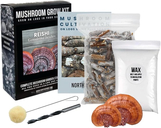 North Spore Organic Red Reishi Outdoor Mushroom Log Growing Kit | Includes 100 ct. Bag of Plug Spawn | Complete Log Starter Kit with Instructions | Handmade in Maine, USA
