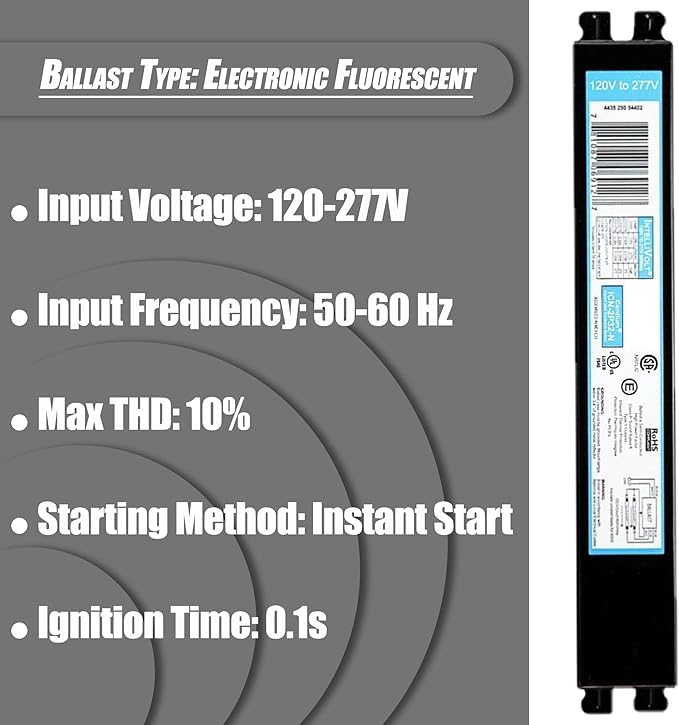 ICN2P32N, 120-277V, 50-60Hz Input Frequency, Solid Wire Type, Instant Start Centium Electronic Fluorescent Ballast for 2 F32T8 Lamp Type, Indoor/Outdoor Use with Automatic Restart Ballast Box, 10 Pack