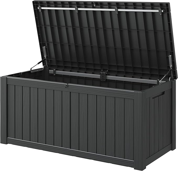 NUNU LAB 120 Gallon Outdoor Storage Box, Large Resin Deck Box with Lockable Lid, Waterproof Patio Storage Bench, Outdoor Cabinet for Garden Tools, Cushions & Pool Accessories